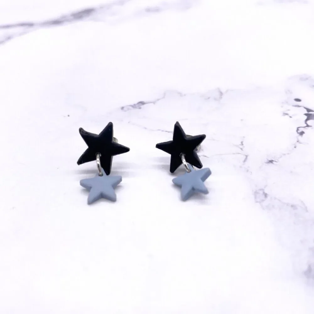 Black and Blue Small Star Dangle Stud Earrings